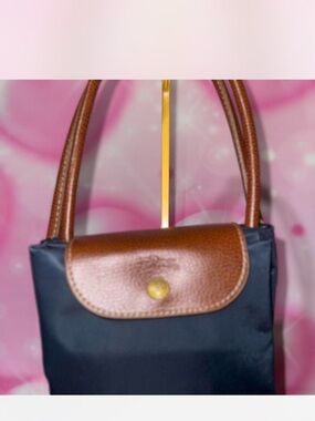 Longchamp Small Navy Shoulder Bag with Brown Trim